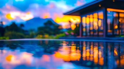 Sunset Poolside Reflection, Mountain View, Resort Relaxation