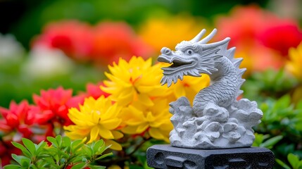 White dragon statue in vibrant garden, floral backdrop, zen decor