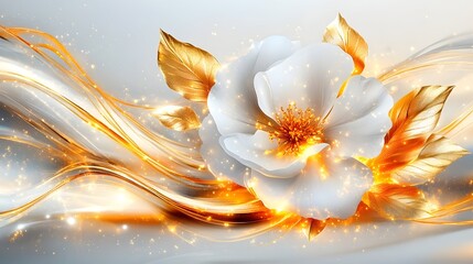 White flower, gold leaves, glowing waves, abstract background, luxury design