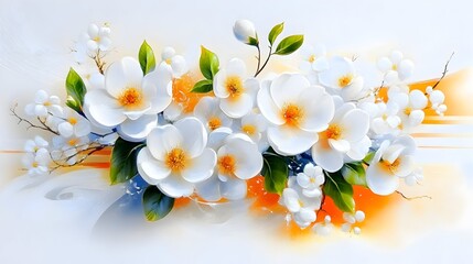 White flowers, spring bouquet, orange background, digital art, home decor