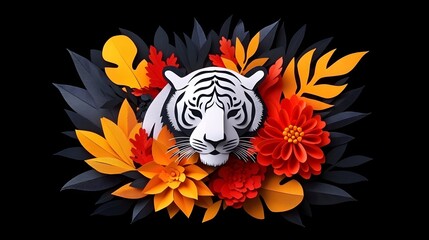 White tiger paper art, floral design, black background, nature, greeting card