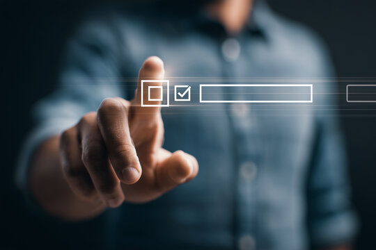 Businessman completing digital feedback form online survey interface