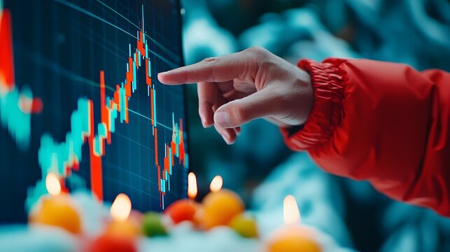Winter Trading Analyst reviewing charts outdoors, candles blurred