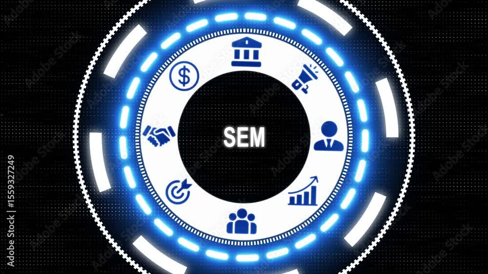 Poster business sem concept button on a clear projection screen a futuristic holographic advanced hud circl