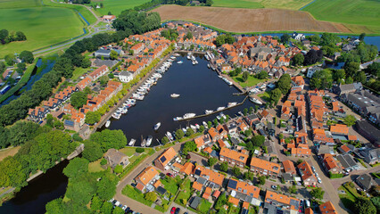 Aerial panorama view of the city Blokzijl in the Netherlands on a sunny morning in summer