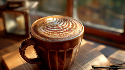 Hot fresh coffee in rustic cafe setting with books and warm lighting. Ideal for coffee shop promotions and lifestyle concepts.