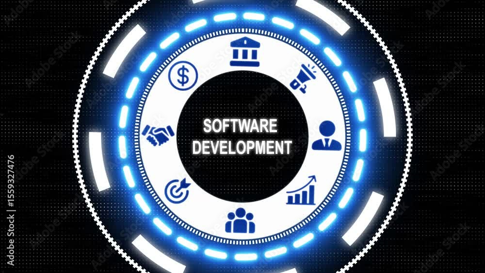 Aufkleber business software development button on a clear projection screen a futuristic holographic advanced 