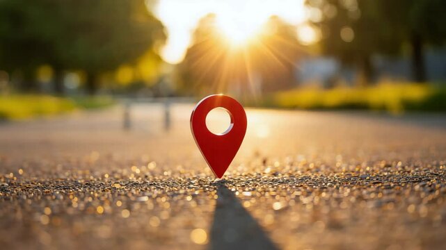 Red location pin icon, navigation destination marker, GPS map symbol, travel direction concept, outdoor road sunlight, geolocation pointer, positioning service illustration