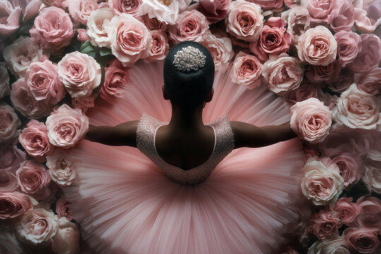 Back view of a  ballerina in a pink tutu among roses. - Powered by Adobe