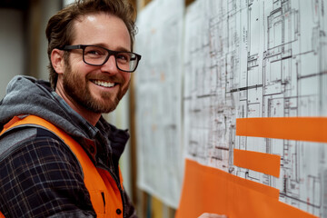 A smiling man wearing glasses and an orange vest stands in front of architectural blueprints. Concept of construction planning. For project management photo.