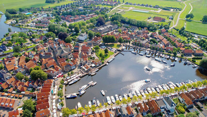 Aerial panorama view of the city Blokzijl in the Netherlands on a sunny morning in summer