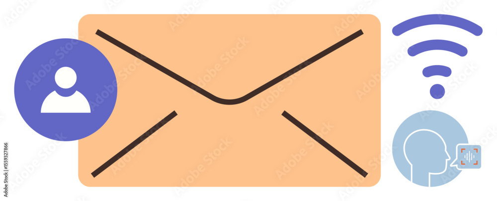 Poster envelope symbolizing email, user profile icon, voice message element, and wireless signal icon. idea