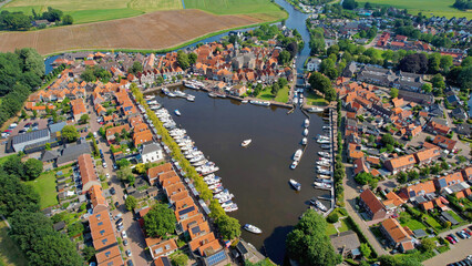 Aerial panorama view of the city Blokzijl in the Netherlands on a sunny morning in summer