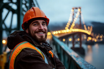 A man in a hard hat and reflective vest smiles on a bridge at dusk, with lights glowing in the background. Concept of construction work and safety. For advertising engineering careers.