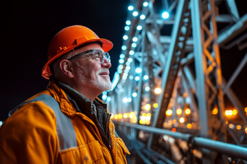 A man wearing an orange hard hat and jacket is looking up with a smile against a backdrop of lit construction beams at night. Concept of construction at night. For showcasing construction safety.
