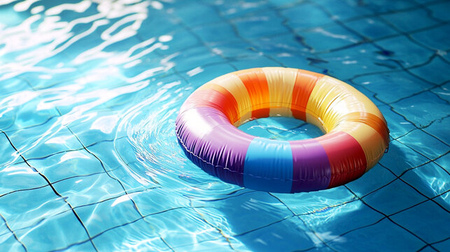 Colorful inflatable pool ring partially submerged near pool edge with bright sunlight reflections on clear water and blue tiles in summer outdoor scene