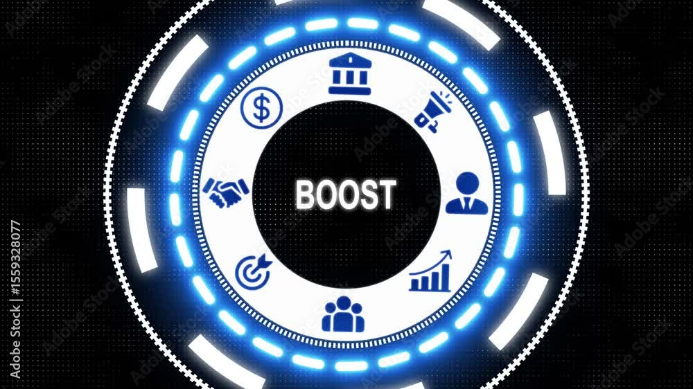 Poster a business boost concept button on a futuristic computer screen.holographic advanced hud circle plat