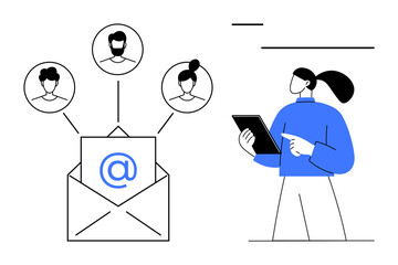 Obraz na płótnie Canvas Envelope with at-sign and human profiles representing email networking. Woman points at tablet, symbolizing digital communication, teamwork, audience outreach. Ideal for innovation, strategy