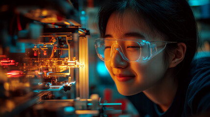 A young person wearing safety goggles closely examines electronic components, smiling with interest. Concept of curiosity and innovation. For education content.