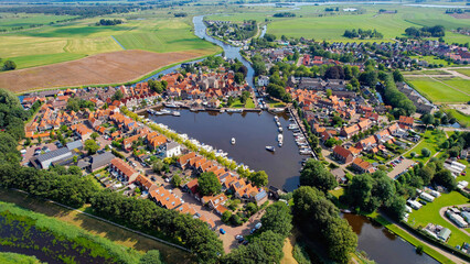 Aerial panorama view of the city Blokzijl in the Netherlands on a sunny morning in summer