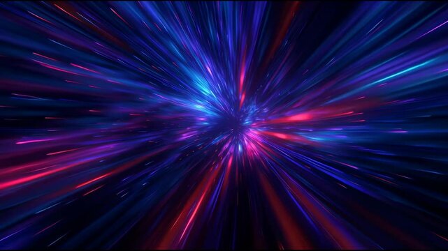 dynamic colorful warp tunnel animation featuring streaks of blue, purple, red lights rush through cosmic hyperspace environment. Perfect for sci-fi projects, cinematic intros, video game scene 4k