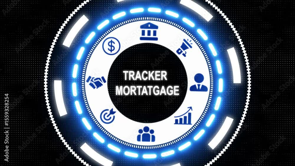 Poster a business tracker mortgages concept button on a futuristic computer screen background. business, te