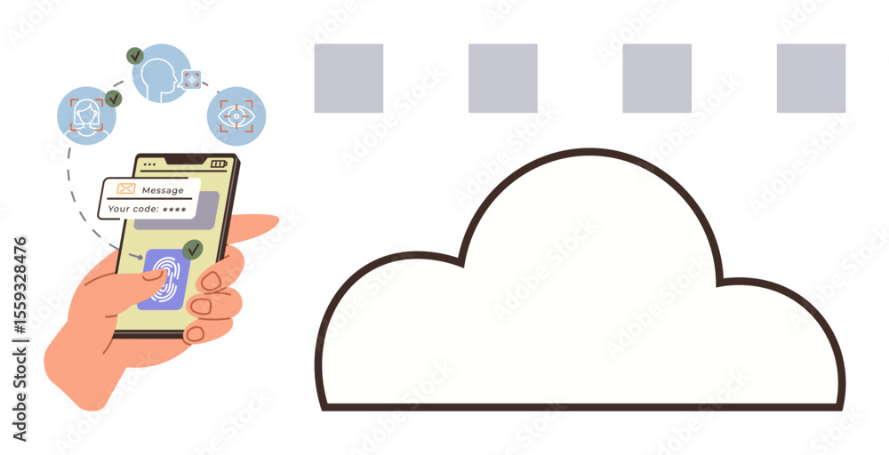 Poster hand using smartphone with verification code, cloud icon, and security settings. ideal for cybersecu