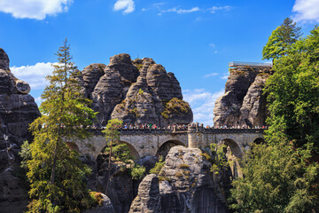Beautiful landscape - view of the Bastei Bridge and the Bastei rock formations in the Elbe Sandstone Mountains, in Saxony, Germany