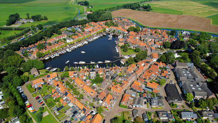 Aerial panorama view of the city Blokzijl in the Netherlands on a sunny morning in summer