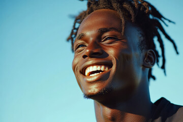 Joyful person smiling under clear blue sky, with sunlight highlighting features. Concept of happiness and positivity. For promoting positive emotions.