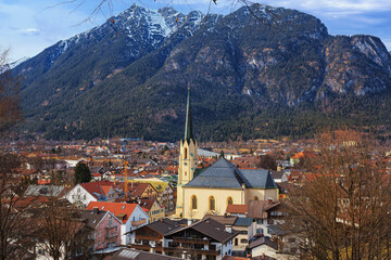 Cityscape - view of the alpine ski town of Garmisch-Partenkirchen, in Upper Bavaria, Germany