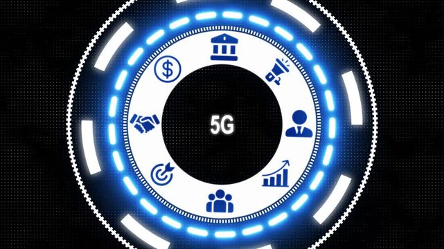 5G networking concept button on a futuristic computer screen Business, Technology, Internet and network concept Seamless loop technology network background HUD holographic advanced circle animation. - Powered by Adobe