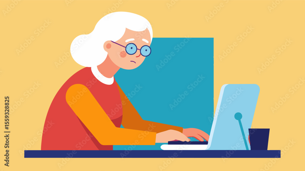 Poster an elderly person is using a computer their fingers dancing across the keyboard as they craft a shor