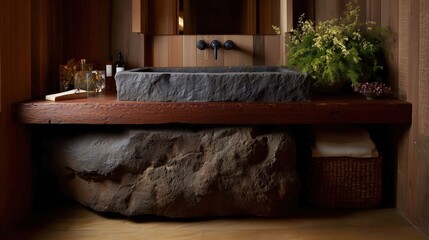 A captivating interior design showcase featuring a unique stone sink, a wooden vanity, and a touch of greenery, blending natural elements with modern elegance.