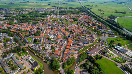Aerial panorama view of the city Bolsward in the Netherlands on a sunny morning in summer
