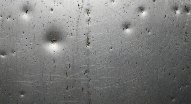 A scratched and dented metal surface shows signs of wear and tear, creating a rough texture