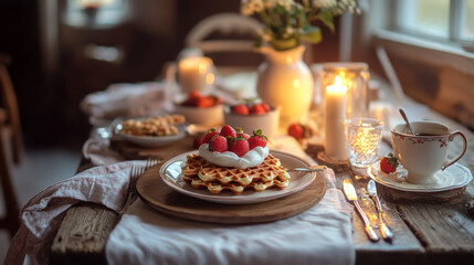 A rustic table setting with warm lighting features homemade waffles, fresh strawberries, and creamy yogurt--a romantic and comforting treat. 