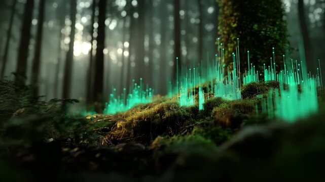 Digital vernetzter Wald mit gr&uuml;nen Datenimpulsen als Zukunftsvision der Umwelt&uuml;berwachung. K&uuml;nstliche Intelligenz KI