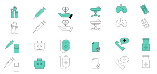 Medical Icons Set – Syringe, Lungs, Pills, IV Bag, and Doctor Symbol Vectors