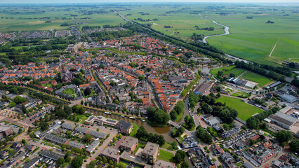 Aerial panorama view of the city Bolsward in the Netherlands on a sunny morning in summer