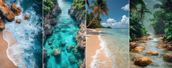 Seashore Serenity: Four captivating views of sandy shorelines, each a unique vista of a tropical paradise, perfect for travel enthusiasts, with an immersive exploration of pristine coastlines.
