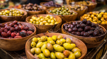 A variety of fresh and marinated olives displayed in wooden bowls at a market or grocery setting.