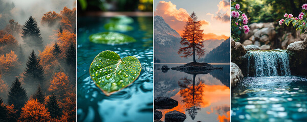 Nature's Symphony: A collection of four awe-inspiring landscape panels, from misty forests to tranquil waters, each whispering tales of the earth's beauty and serene moments.
