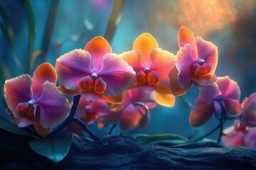 Close-up of vibrant pink and orange orchids with a dreamy, soft-focus background, highlighting their delicate beauty. © Thedinindu
