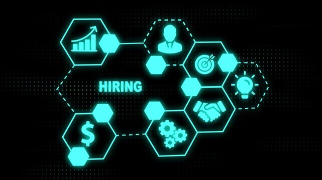 Internet, business, Technology and network concept. NOW HIRING inscription, modern technology business concept. Virtual button. a futuristic holographic advanced HUD circle