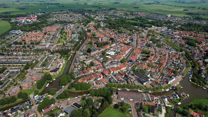 Aerial panorama view of the city Bolsward in the Netherlands on a sunny morning in summer