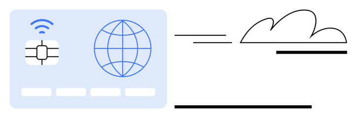 Microchip with wireless signal, global network globe, and cloud graphic combined with clean lines. Ideal for technology, IoT, cloud computing, cybersecurity, global communication, big data simple