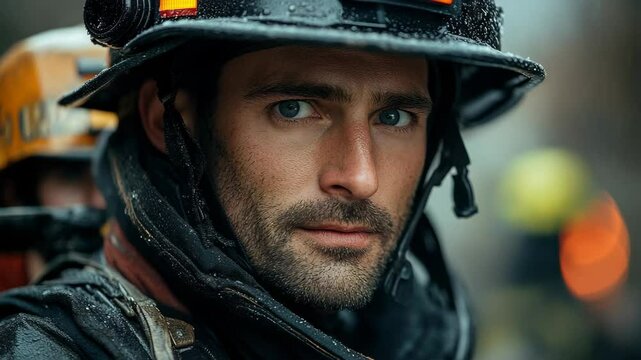 Amidst the pouring rain, a courageous firefighter stands resolute. Determination shines through as he prepares for a critical rescue. The city awakens, oblivious to the valor around.
