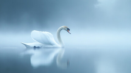 Obraz premium Profile of a white swan gliding over a misty blue lake, evoking tranquility and grace. 