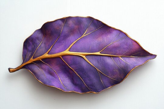 A purple leaf with striking gold veins, set against a bright white background, showcasing its intricate details.